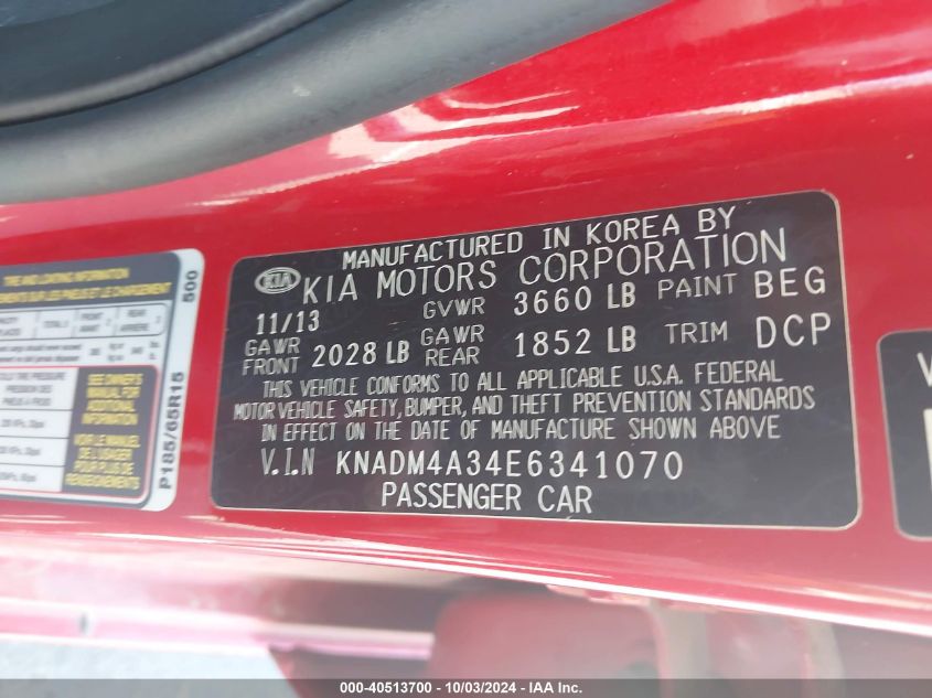 KNADM4A34E6341070 2014 Kia Rio Lx