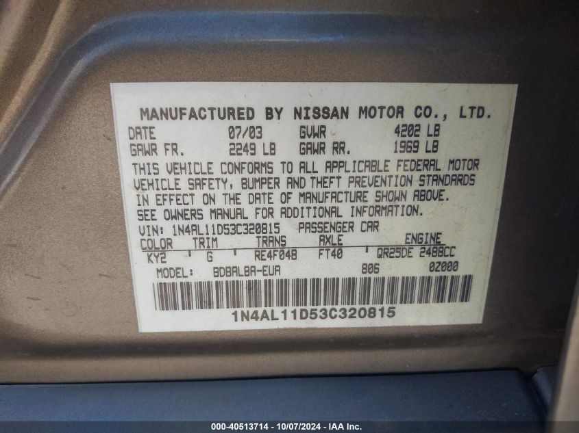 1N4AL11D53C320815 2003 Nissan Altima 2.5 S