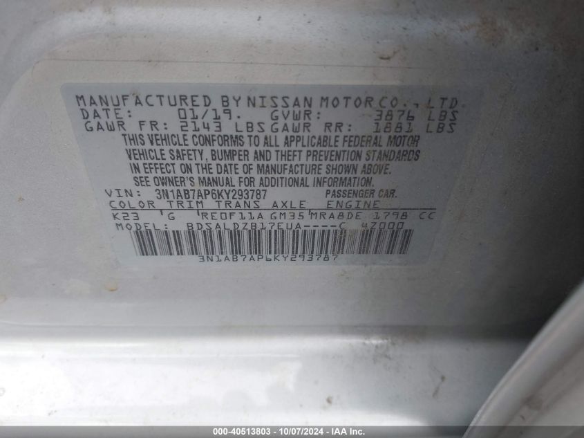 3N1AB7AP6KY293787 2019 Nissan Sentra Sv