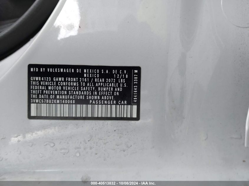 VIN 3VWC57BU2KM140068 2019 VOLKSWAGEN JETTA 1.4T R-LINE/1.4T S/1.4T SE