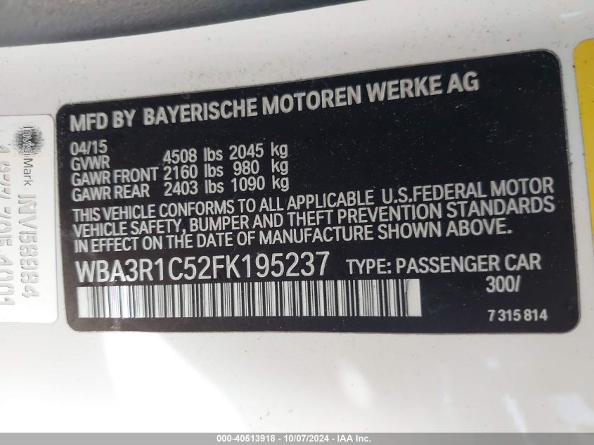 2015 BMW 435 I VIN: WBA3R1C52FK195237 Lot: 40513918