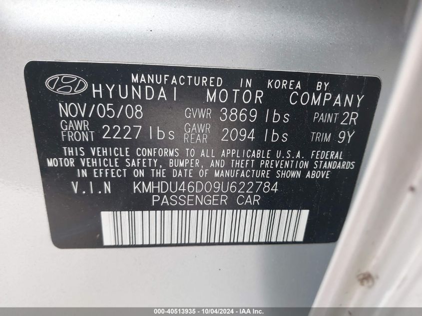 KMHDU46D09U622784 2009 Hyundai Elantra Se