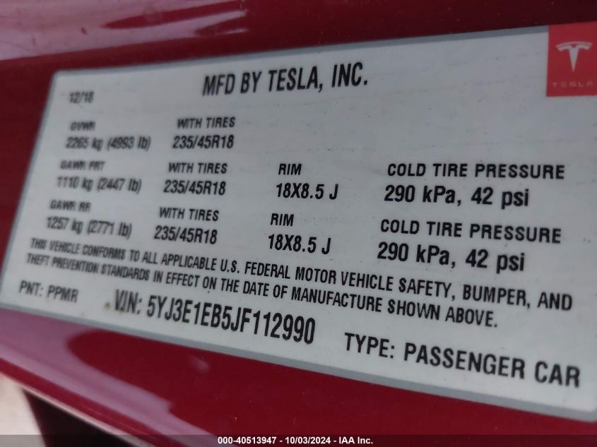 5YJ3E1EB5JF112990 2018 Tesla Model 3 Long Range/Performance