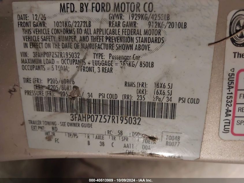 3FAHP07Z57R195032 2007 Ford Fusion Se