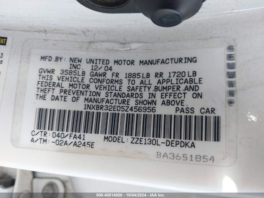 2005 Toyota Corolla Ce VIN: 1NXBR32E05Z456956 Lot: 40514000