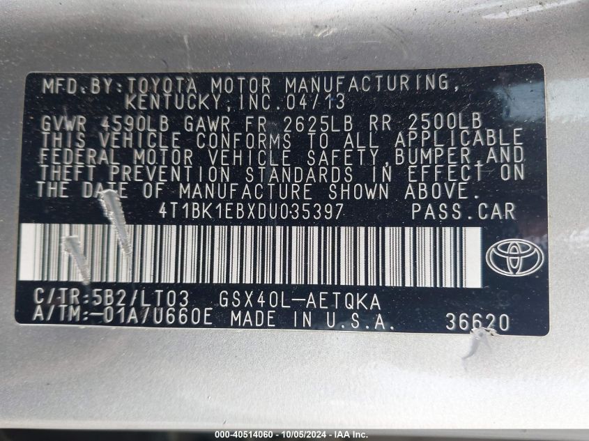 4T1BK1EBXDU035397 2013 Toyota Avalon Xle Touring