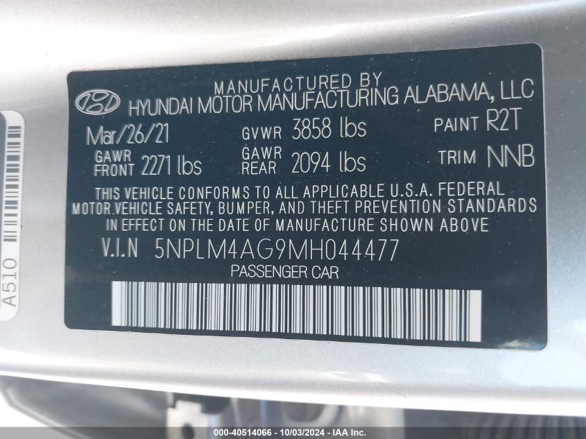 2021 Hyundai Elantra Sel VIN: 5NPLM4AG9MH044477 Lot: 40514066