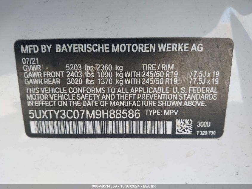 2021 BMW X3 Sdrive30I VIN: 5UXTY3C07M9H88586 Lot: 40514069