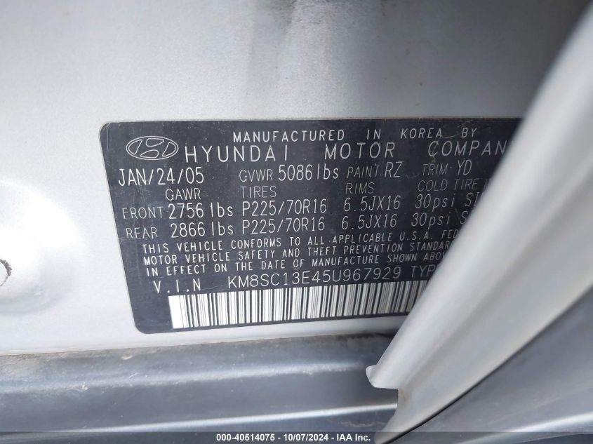 KM8SC13E45U967929 2005 Hyundai Santa Fe Gls/Lx