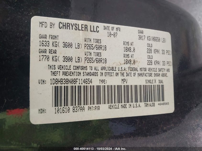 1D8HB38N08F114654 2008 Dodge Durango Sxt