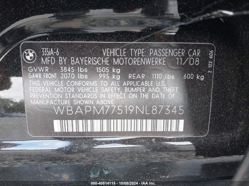 WBAPM77519NL87345 2009 BMW 335 I