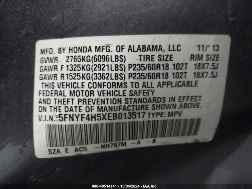 5FNYF4H5XEB013517 2014 Honda Pilot Ex-L