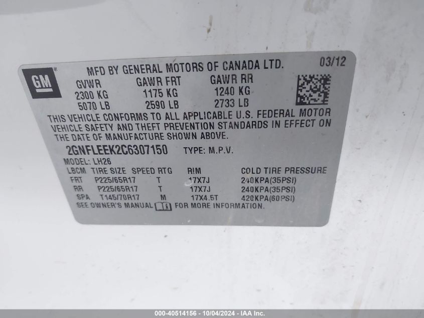 2GNFLEEK2C6307150 2012 Chevrolet Equinox 1Lt