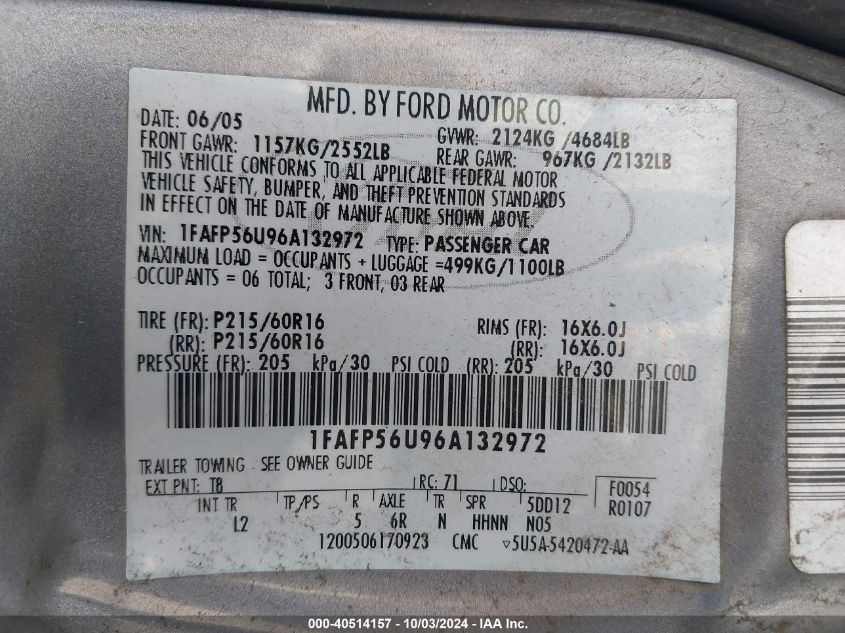 1FAFP56U96A132972 2006 Ford Taurus Sel