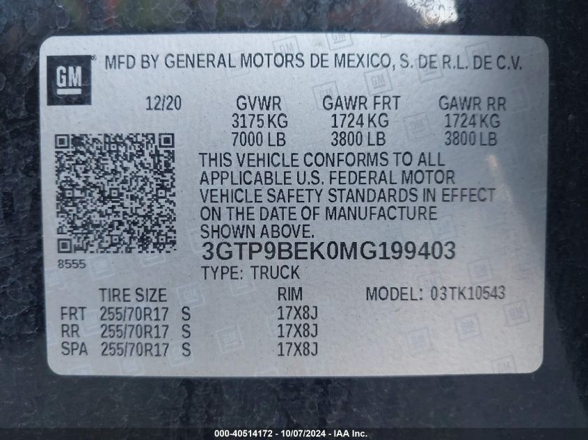 2021 GMC Sierra 1500 K1500 Sle VIN: 3GTP9BEK0MG199403 Lot: 40514172