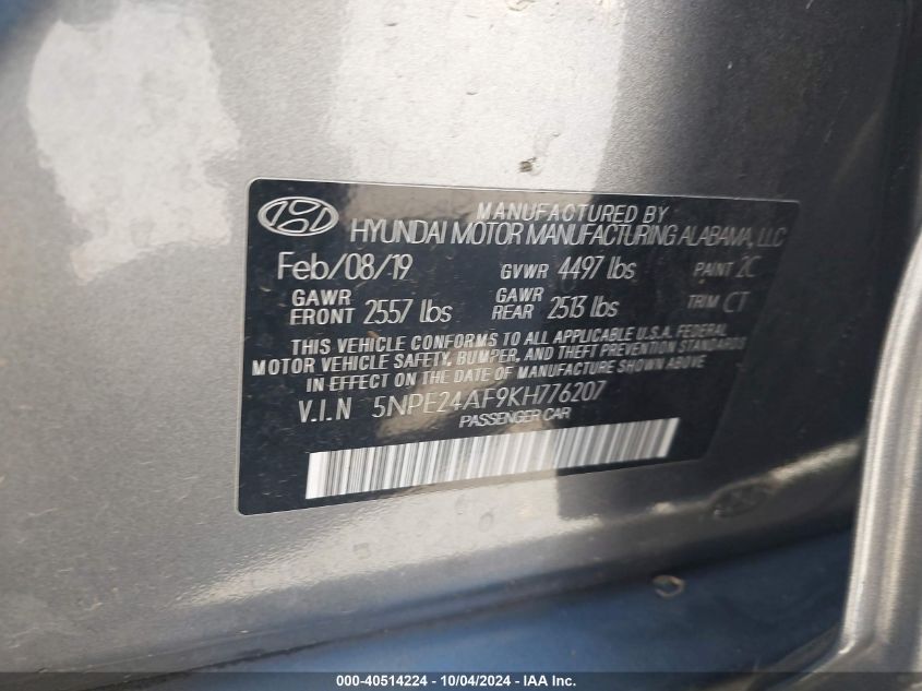 5NPE24AF9KH776207 2019 Hyundai Sonata Se