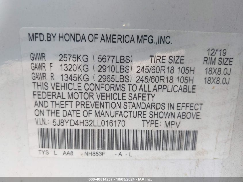 2020 Acura Mdx Standard VIN: 5J8YD4H32LL016170 Lot: 40514237