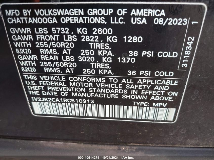 2024 Volkswagen Atlas 2.0T Se W/Technology VIN: 1V2JR2CA1RC510913 Lot: 40514274