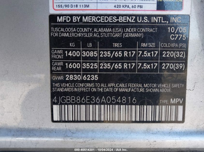 4JGBB86E36A054816 2006 Mercedes-Benz Ml 350 4Matic