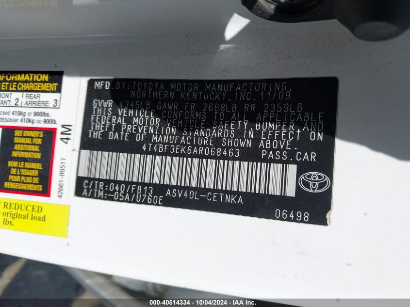 4T4BF3EK6AR068463 2010 Toyota Camry Le