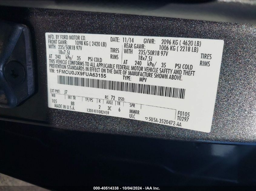 1FMCU0JX9FUA63155 2015 Ford Escape Titanium