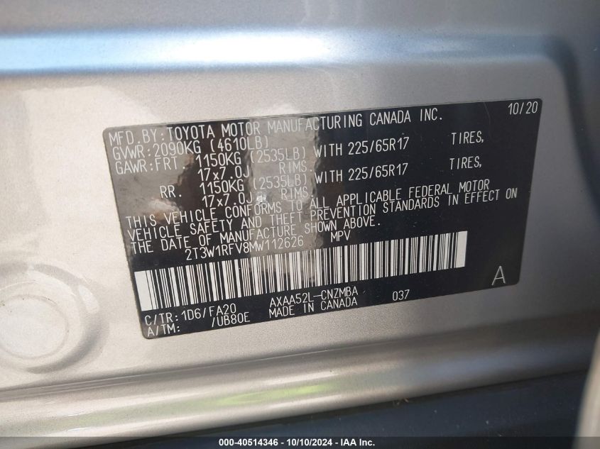 2T3W1RFV8MW112626 2021 Toyota Rav4 Xle