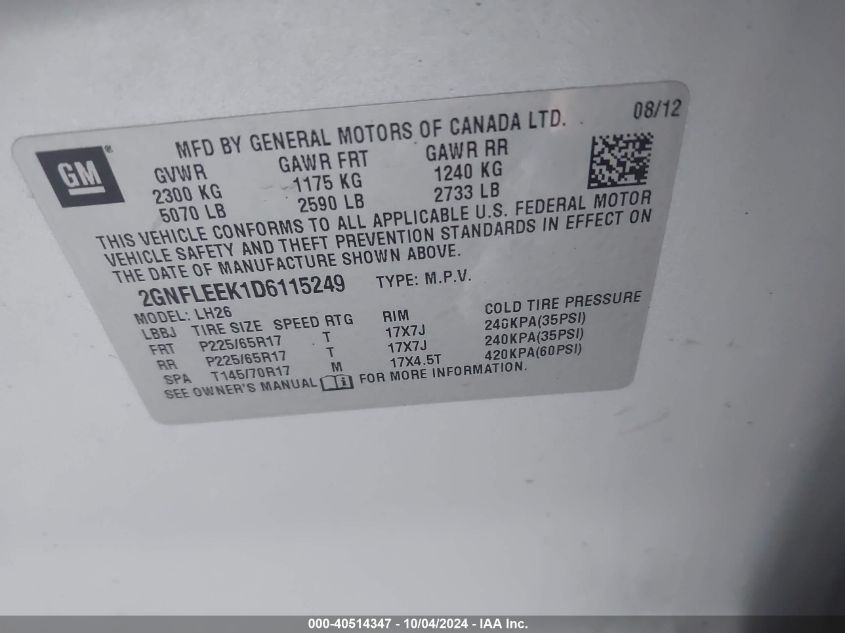 2GNFLEEK1D6115249 2013 Chevrolet Equinox 1Lt