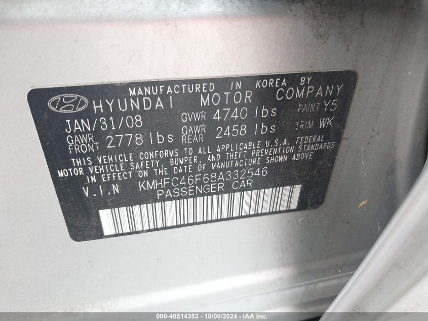 2008 Hyundai Azera Limited VIN: KMHFC46F68A332546 Lot: 40514353