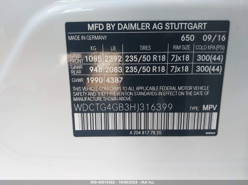 WDCTG4GB3HJ316399 2017 Mercedes-Benz Gla 250 4Matic