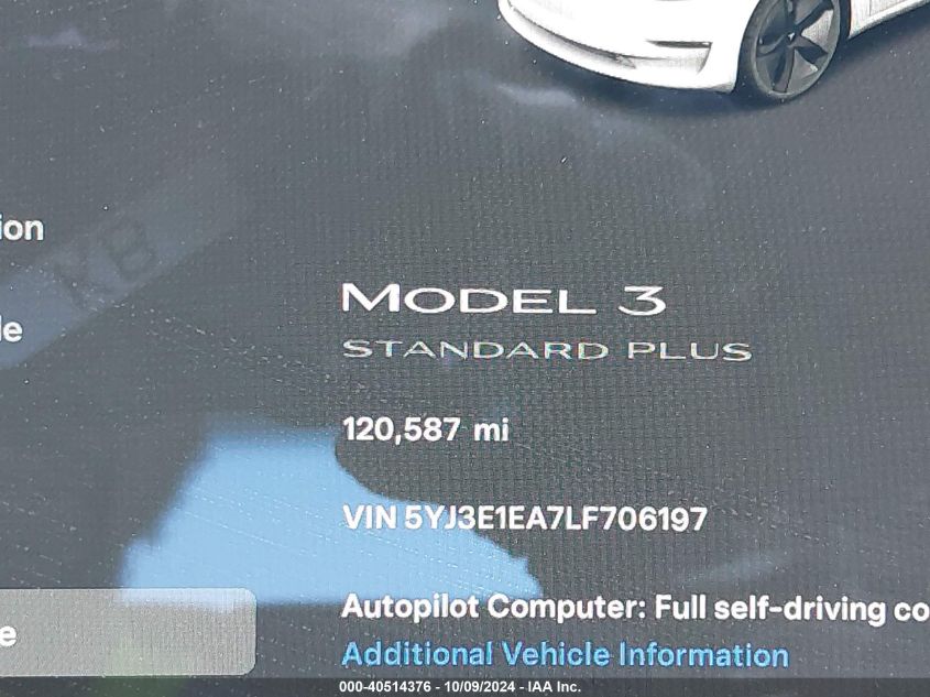 2020 Tesla Model 3 Standard Range Plus Rear-Wheel Drive/Standard Range Rear-Wheel Drive VIN: 5YJ3E1EA7LF706197 Lot: 40514376