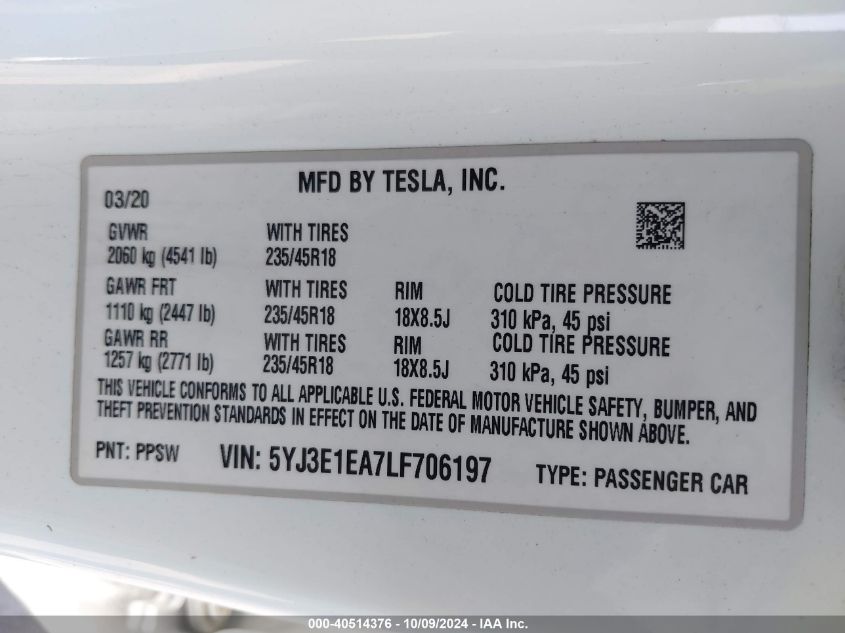 2020 Tesla Model 3 Standard Range Plus Rear-Wheel Drive/Standard Range Rear-Wheel Drive VIN: 5YJ3E1EA7LF706197 Lot: 40514376