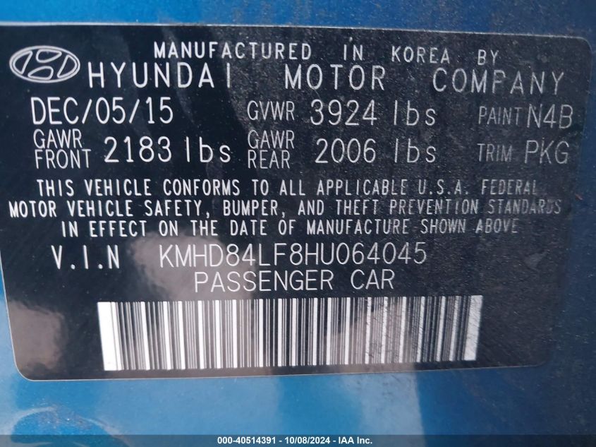 KMHD84LF8HU064045 2017 Hyundai Elantra Se