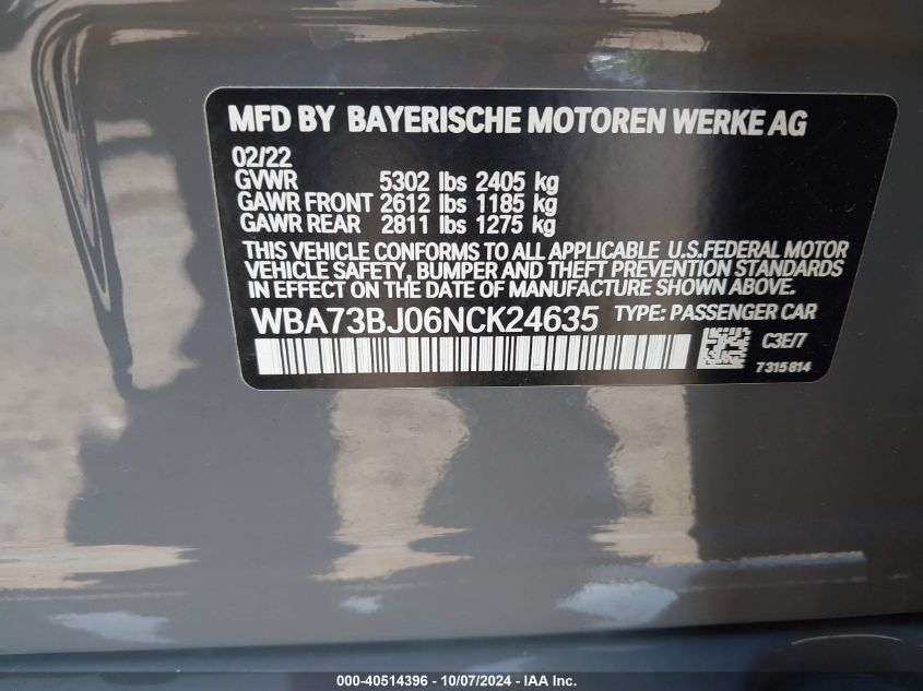 WBA73BJ06NCK24635 2022 BMW 540 I xDrive