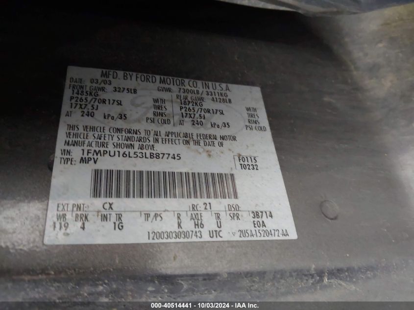 1FMPU16L53LB87745 2003 Ford Expedition Xlt