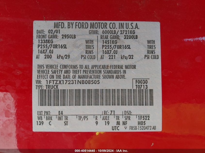 1FTZX17231NB08505 2001 Ford F-150 Xl/Xlt