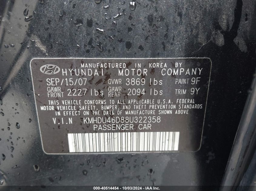 2008 Hyundai Elantra Gls/Se VIN: KMHDU46D88U322358 Lot: 40514454