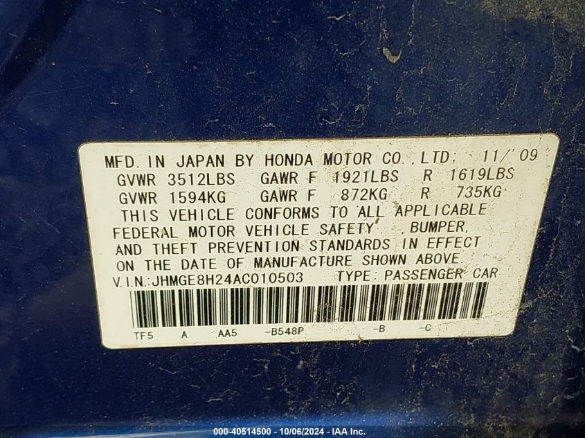 JHMGE8H24AC010503 2010 Honda Fit