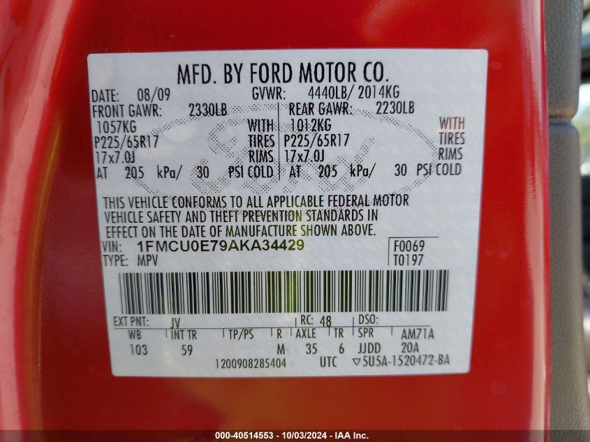 1FMCU0E79AKA34429 2010 Ford Escape Limited