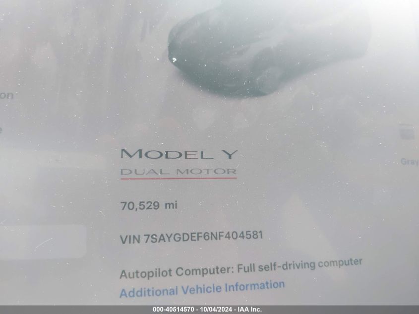 2022 Tesla Model Y Performance Dual Motor All-Wheel Drive VIN: 7SAYGDEF6NF404581 Lot: 40514570