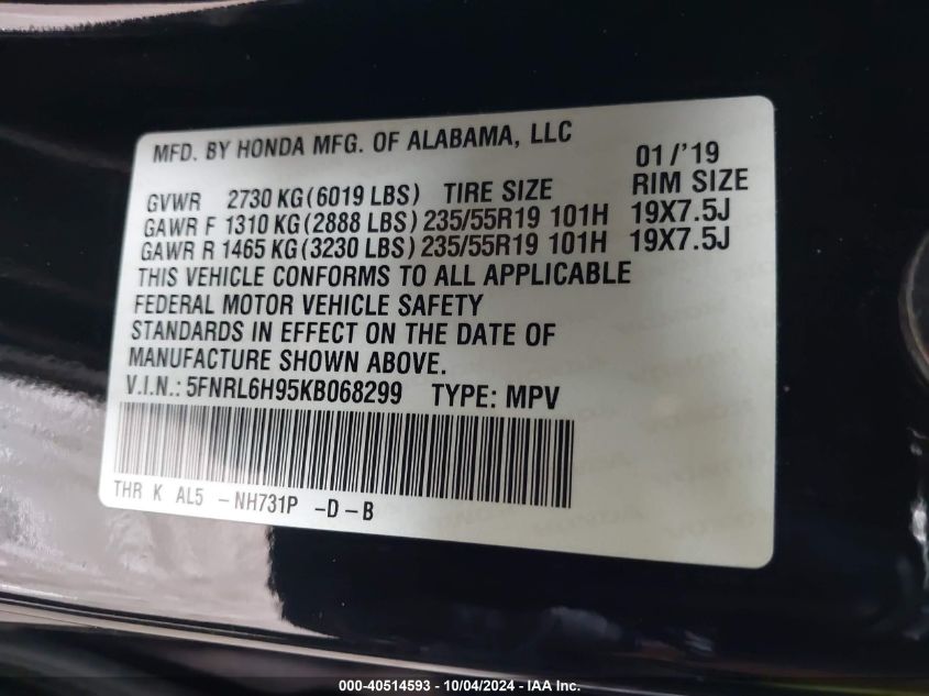 5FNRL6H95KB068299 2019 Honda Odyssey Elite