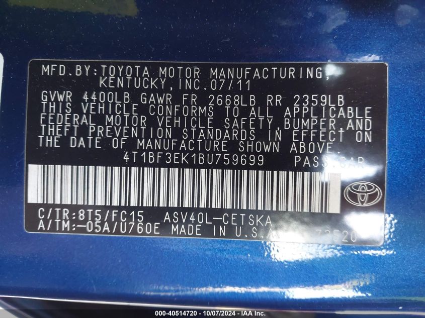 4T1BF3EK1BU759699 2011 Toyota Camry Se/Le/Xle