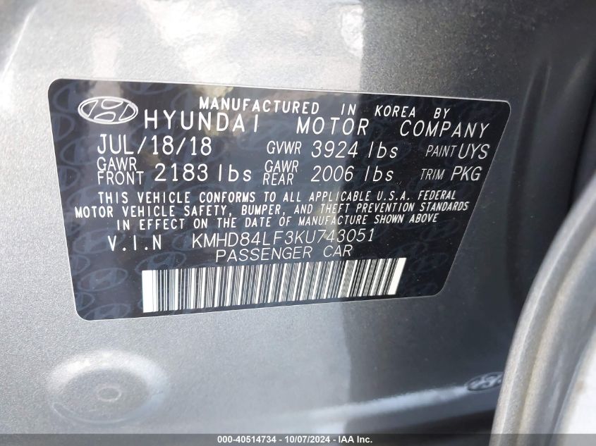 KMHD84LF3KU743051 2019 Hyundai Elantra Sel