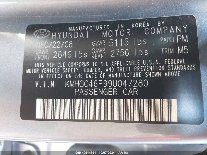 KMHGC46F99U047280 2009 Hyundai Genesis 4.6