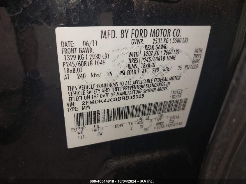 2FMDK4JC8BBB35025 2011 Ford Edge Sel