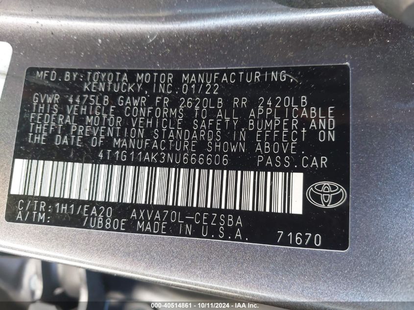 4T1G11AK3NU666606 2022 Toyota Camry Se