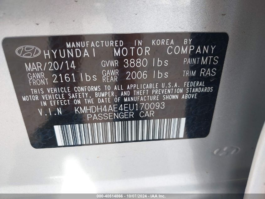 2014 Hyundai Elantra Se VIN: KMHDH4AE4EU170093 Lot: 40514866