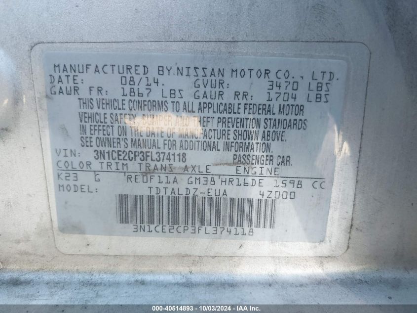 3N1CE2CP3FL374118 2015 Nissan Versa Note S (Sr)/S Plus/Sl/Sr/Sv