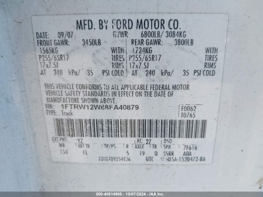 2008 Ford F-150 60Th Anniversary/Fx2/Xl/Xlt VIN: 1FTRW12W88FA40879 Lot: 40514985