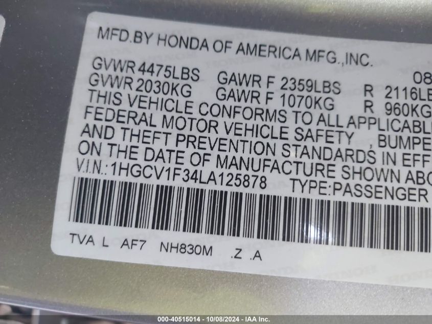 1HGCV1F34LA125878 2020 Honda Accord Sport