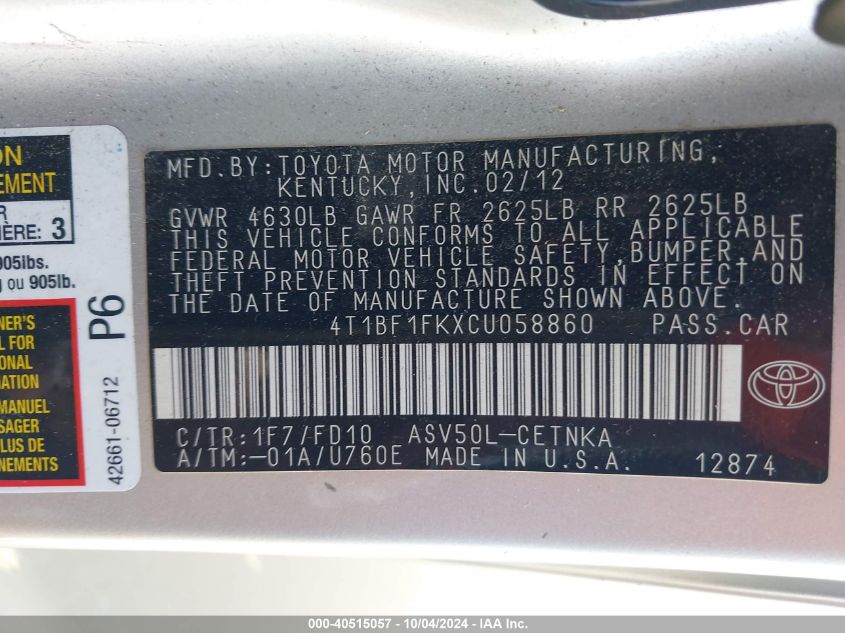 4T1BF1FKXCU058860 2012 Toyota Camry Le